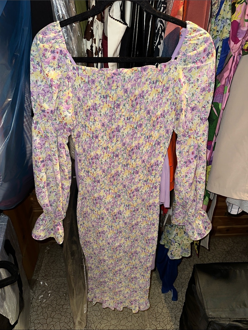 Floral Smocked Midi Dress in Lavender and Yellow